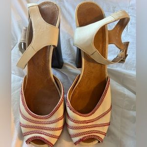 Chie Miharie Abba White Leather Block Heel Peep Toe Ankle Strap Sandals Size 38